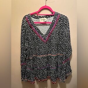 Samantha Jane 1xl black polka‎ dot colorful and v neck ruffles babydoll blouse